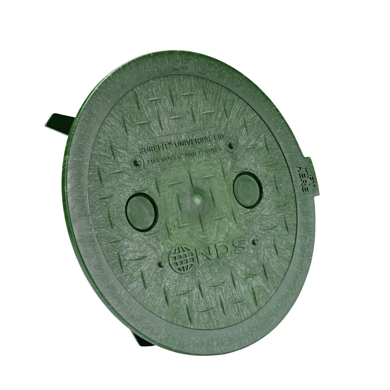 6 in. Round SureFit Universal Valve Box Lid tilted to the side; top of cover shown (NDS 6RND-UC)