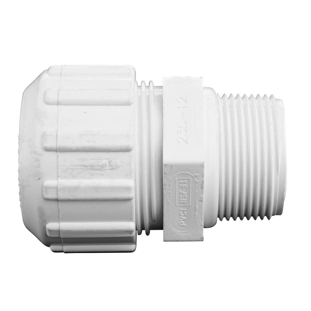 Side View of the NDS 1 1/4 in. SDR-9 CTS X 1 1/4 in. FPT Flo Lock Gripper Adapter (NDS 731-12) which transports water through pipes