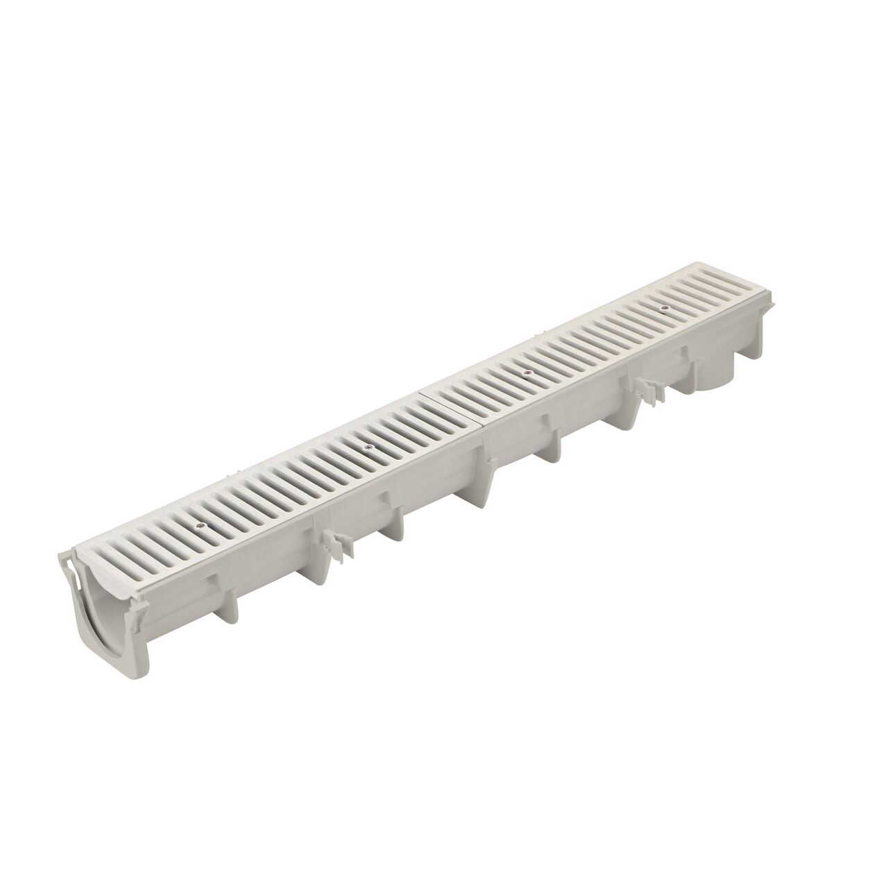 The NDS 3.99 in. Deep Neutral Dura Slope Channel (NDS DS-090N) with the Standard Dura Slope Light Gray Grate installed (NDS 661LG)