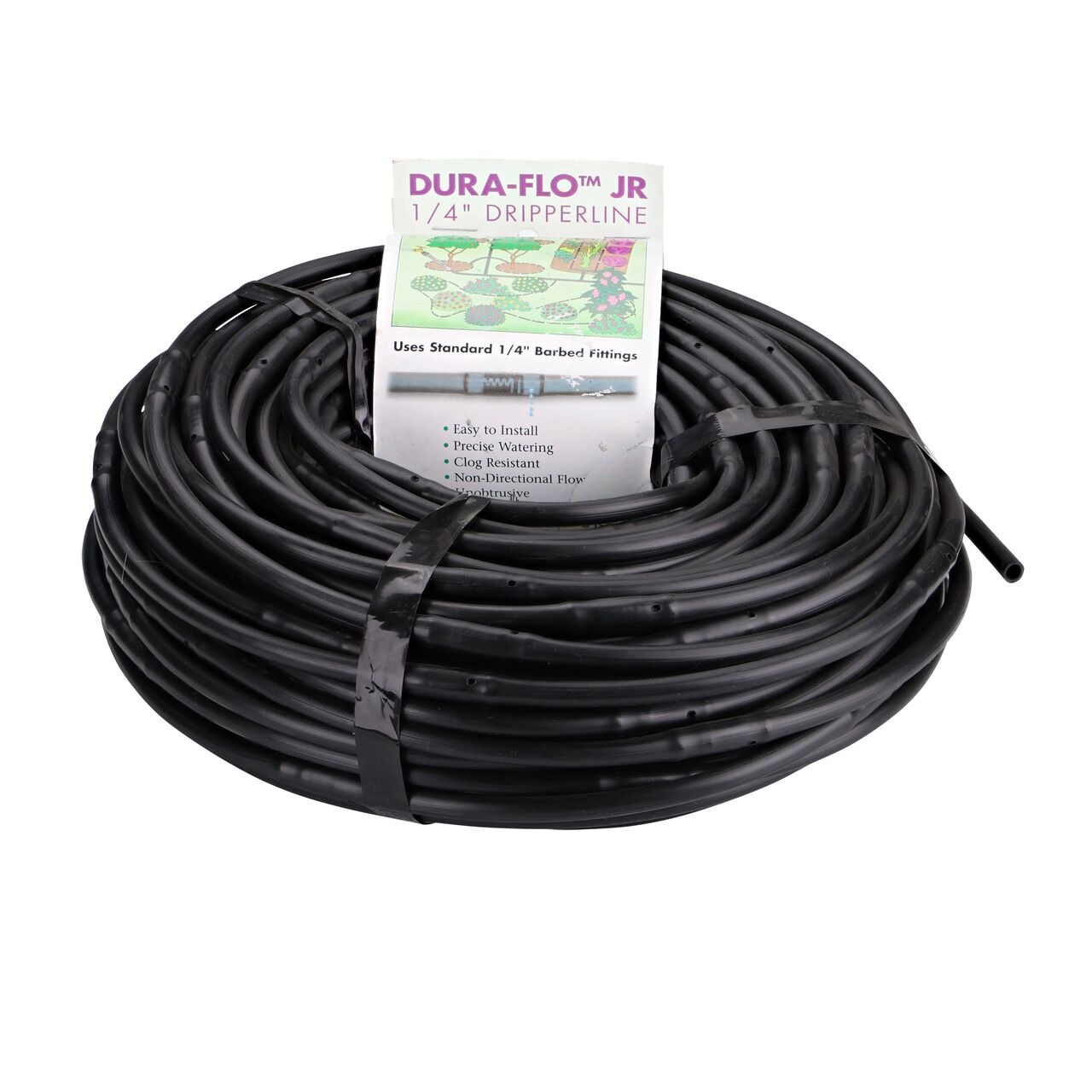 The NDS 100 ft. 1/4 in. Dura Flo™ JR Dripline with 6 in. spaced 0.5 GPH Non-Pressure Compensating Emitters (NDS SFJR-BL-06-01) comes packaged with a branded tag and tape straps for easy storage and handling