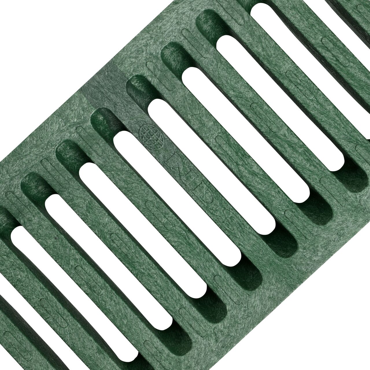 Angled View of the green plastic Dura Slope™ Channel Drain Grate (NDS 662) perforated design