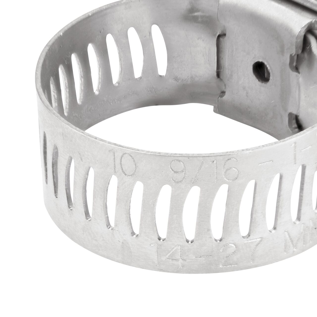 Closeup view of the arcial perforated slots in band for added strength and smoother engagement on the NDS SAE 10 Worm Drive Hose Clamp with Aero Seal 1/2 in. band width (NDS 64010H)