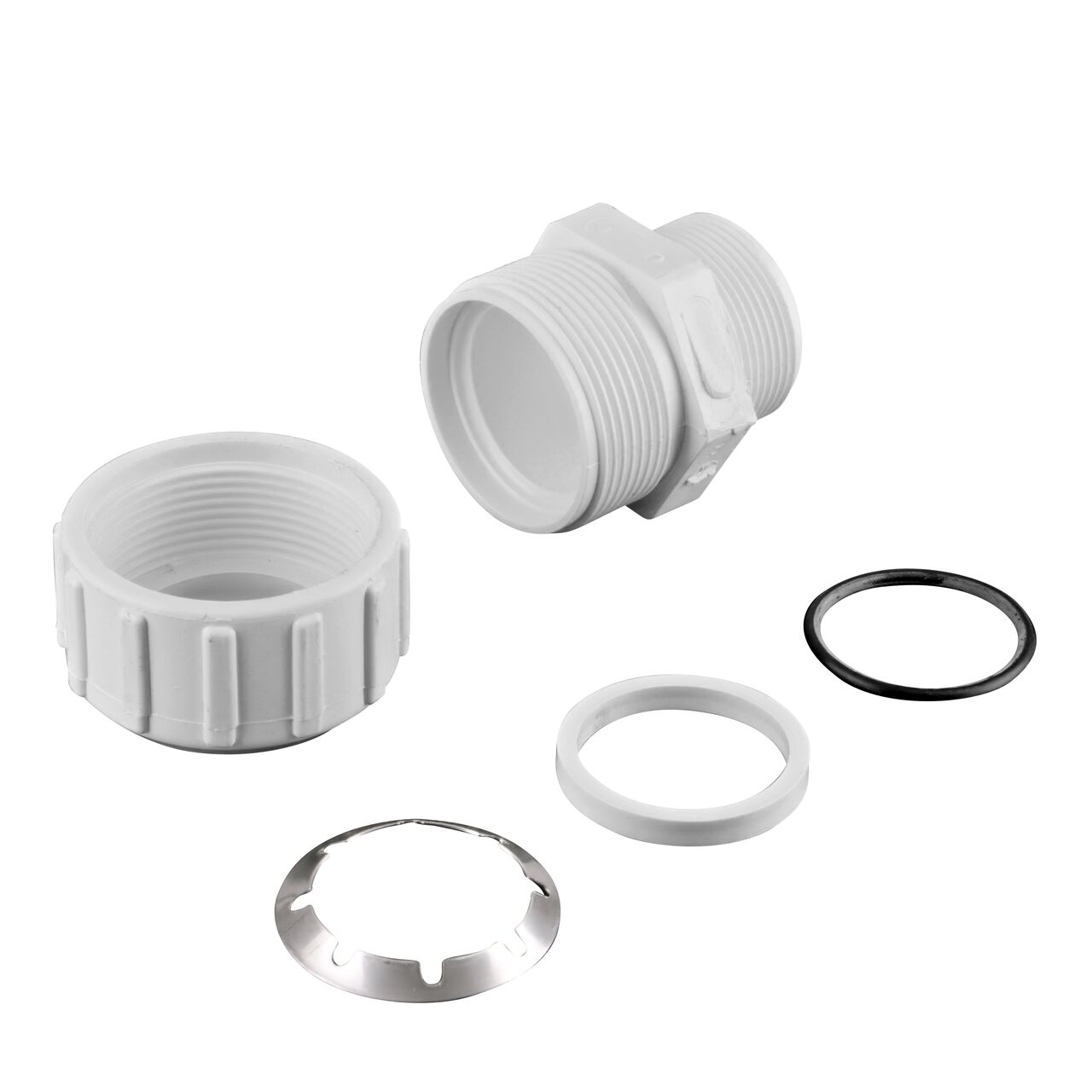 The NDS 1-1/2 in. CTS MPT Flo-Lock™ Gripper Adapter fully unassembled showing the steel gripper and EPDM O-Ring (NDS 235-15)