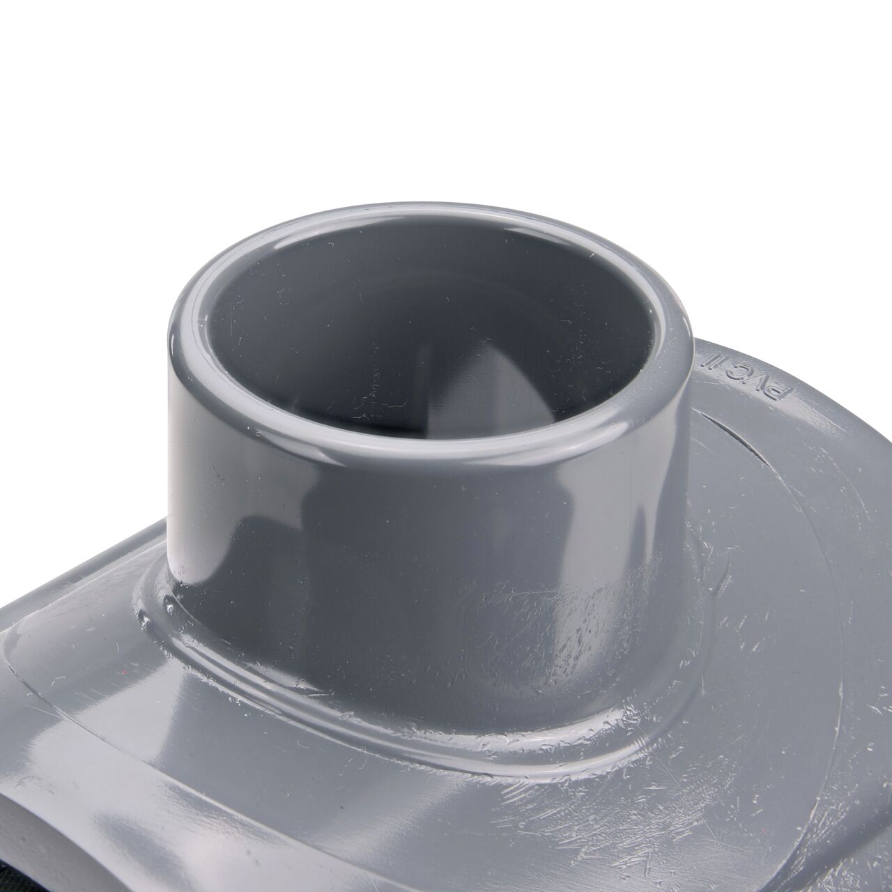 Closeup of the 1-1/2 in. slip connection on the NDS Clamp-It™ Rigid PVC Saddle (NDS 454015) for 4 in. PVC pipe