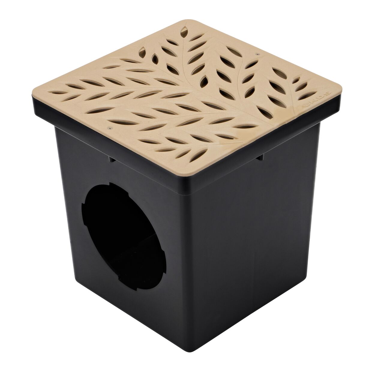 Alternate shot of NDS 12 in. Square Catch Basin Drain Grate, Decorative Botanical Design, Sand Plastic (NDS 1218S) installed on a 12 in. Catch Basin Drain with 2 openings (NDS 1200*); Retail