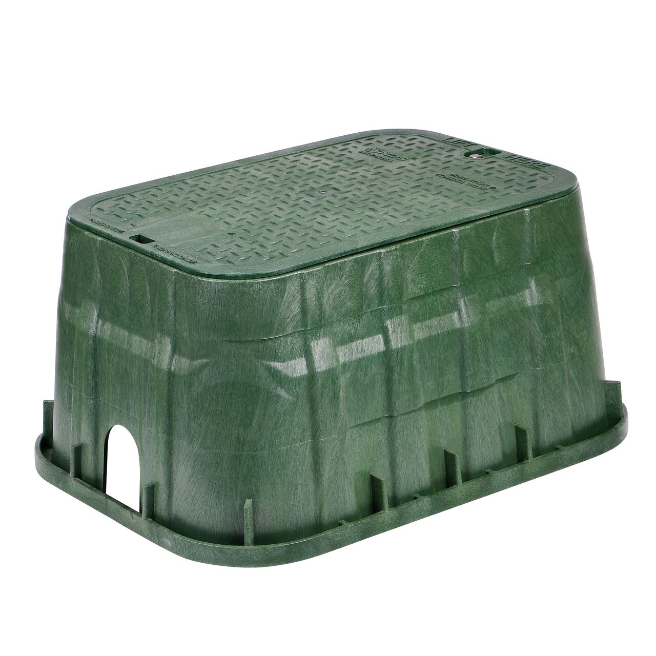 The NDS 13 in. X 20 in. Rectangular Pro-Spec® Series Jumbo Valve Box and Cover with bolt is a 12-5/8 in. high Green Box and Green Cover with Irrigation Control Valve markings on the Overlapping lid (NDS 318BCB) and protects underground irrigation and sprinkler system components and keeps them out of sight