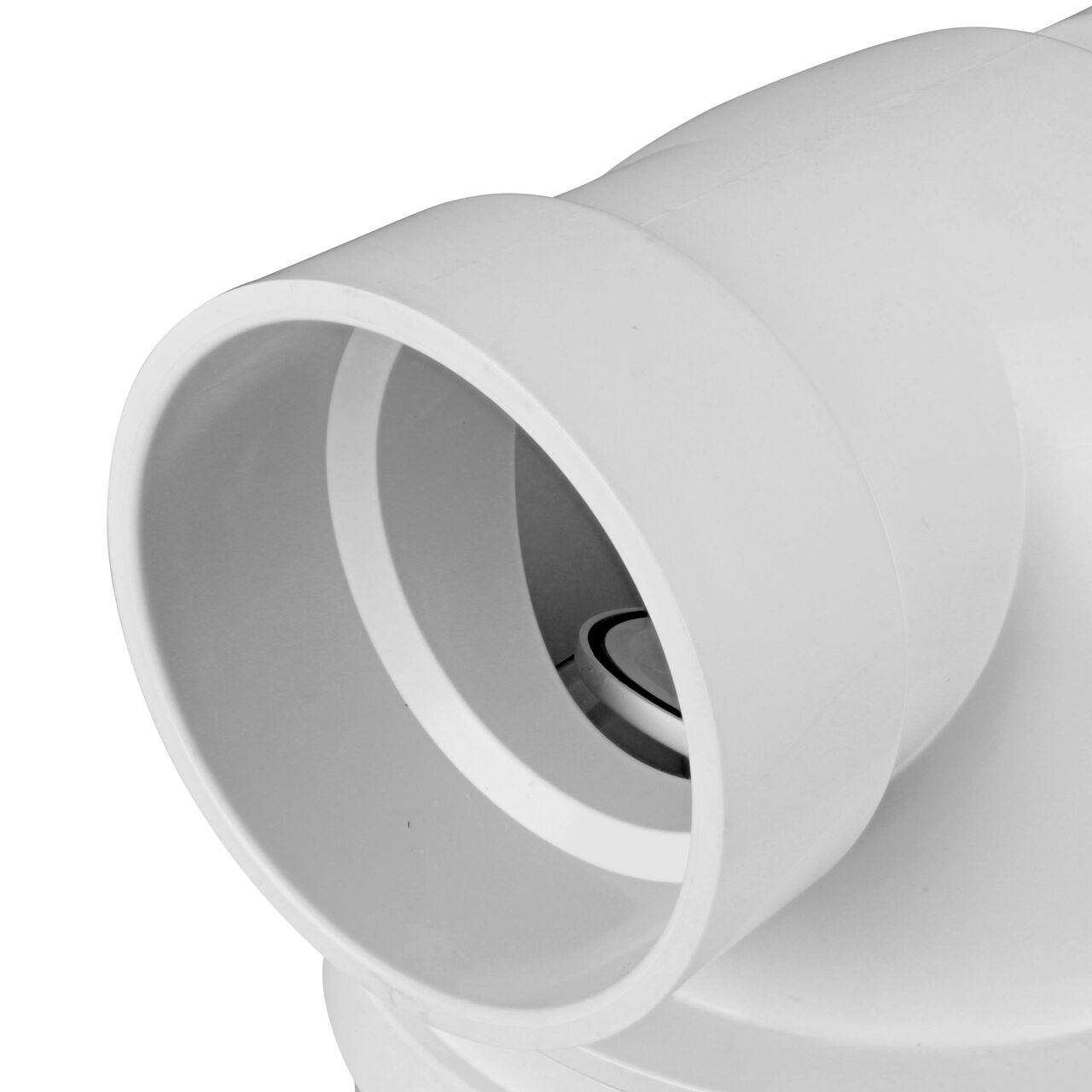 Close up of the inlet end of the NDS 4 in. White PVC Backwater Valve with Riser and Cover (NDS 475PR) which fits DWV pipe