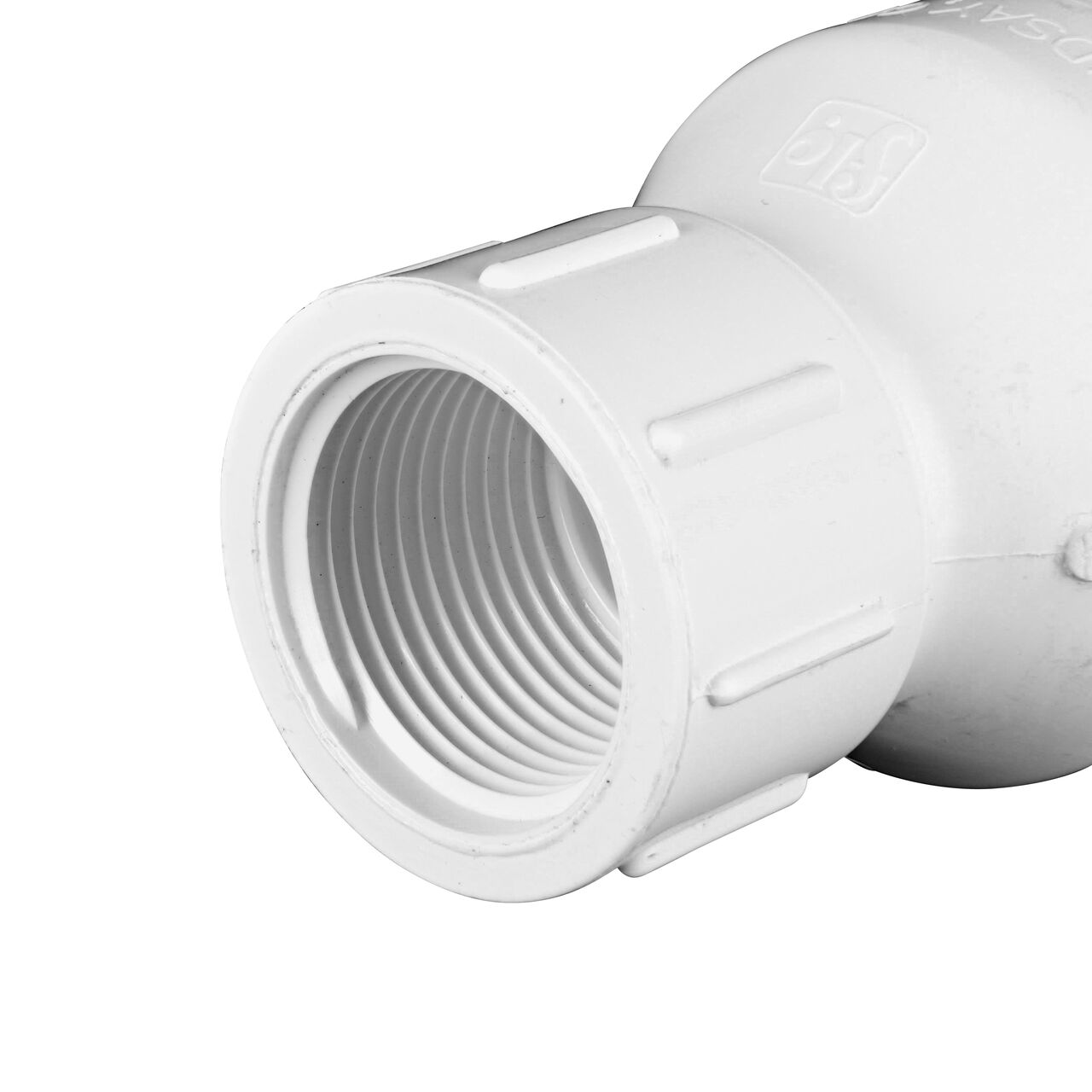 Closeup of the threaded end of the NDS 1 in. White PVC Spring Check Valve (NDS 1001-10, NDS 1002-10)