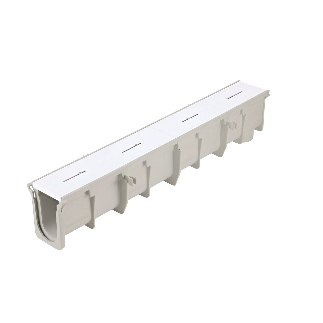The NDS 7.36 in. Deep Neutral Dura Slope Channel (NDS DS-101N) comes with a blank grate insert pre-installed that needs to be removed before use