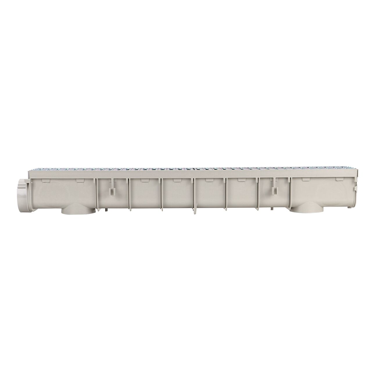 Side view of the assembled NDS Steel Grate 5 in. Pro Series Channel Drain Kit with Channel Drain, 2 Galvanized Steel Grates, End Cap/Outlet, and End Cap (NDS 864GMTL)