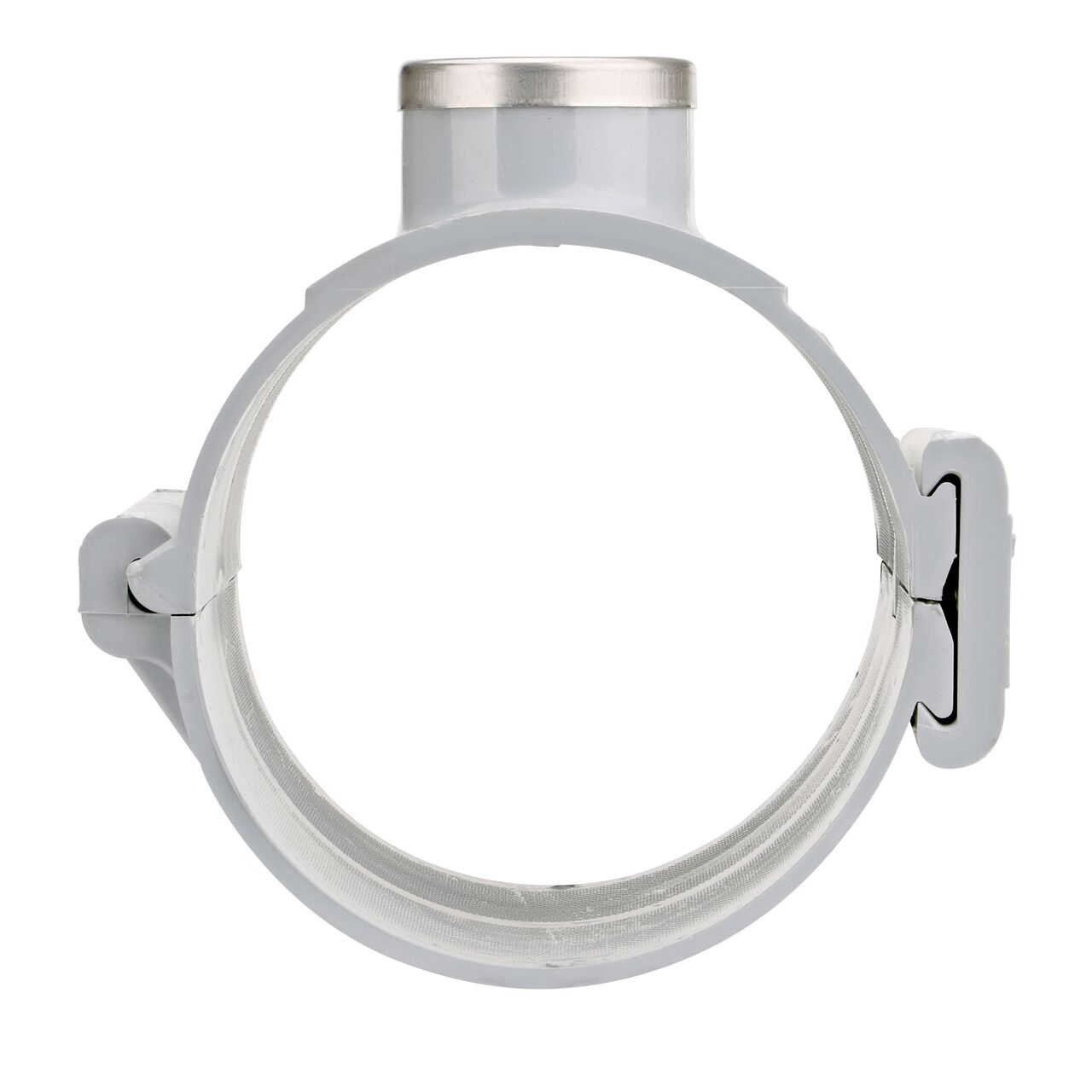 Front facing view of the NDS Clamp-It™ Rigid PVC Saddle with 2 in. FPT connection on top (NDS 446020) for 6 in. PVC pipe showing both the wedge and hinge sides
