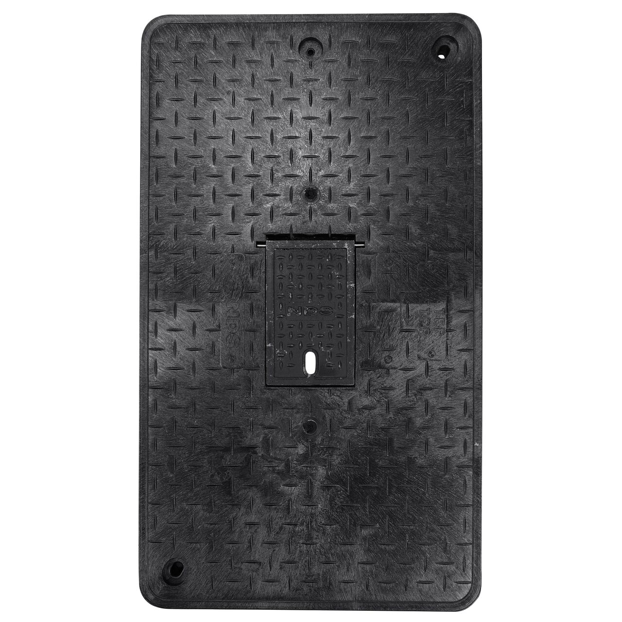Top down view of the top side of the Black Water Meter Drop-In cover (NDS 123CDMCIF) with Cast Iron reader door for the NDS 17 in. X 30 in. Rectangular pro series meter boxes
