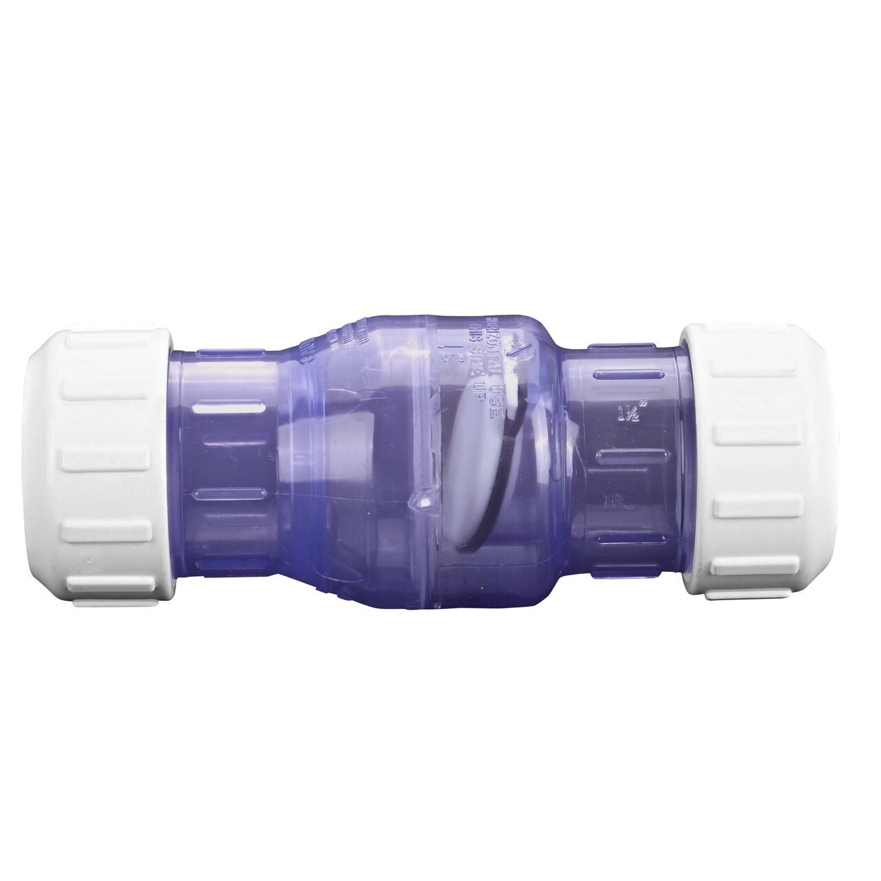 Side to side view of the NDS Clear 1-1/2 in. compression fitting end by compression fitting end PVC Compression Swing Check Valve (NDS 1500C15)