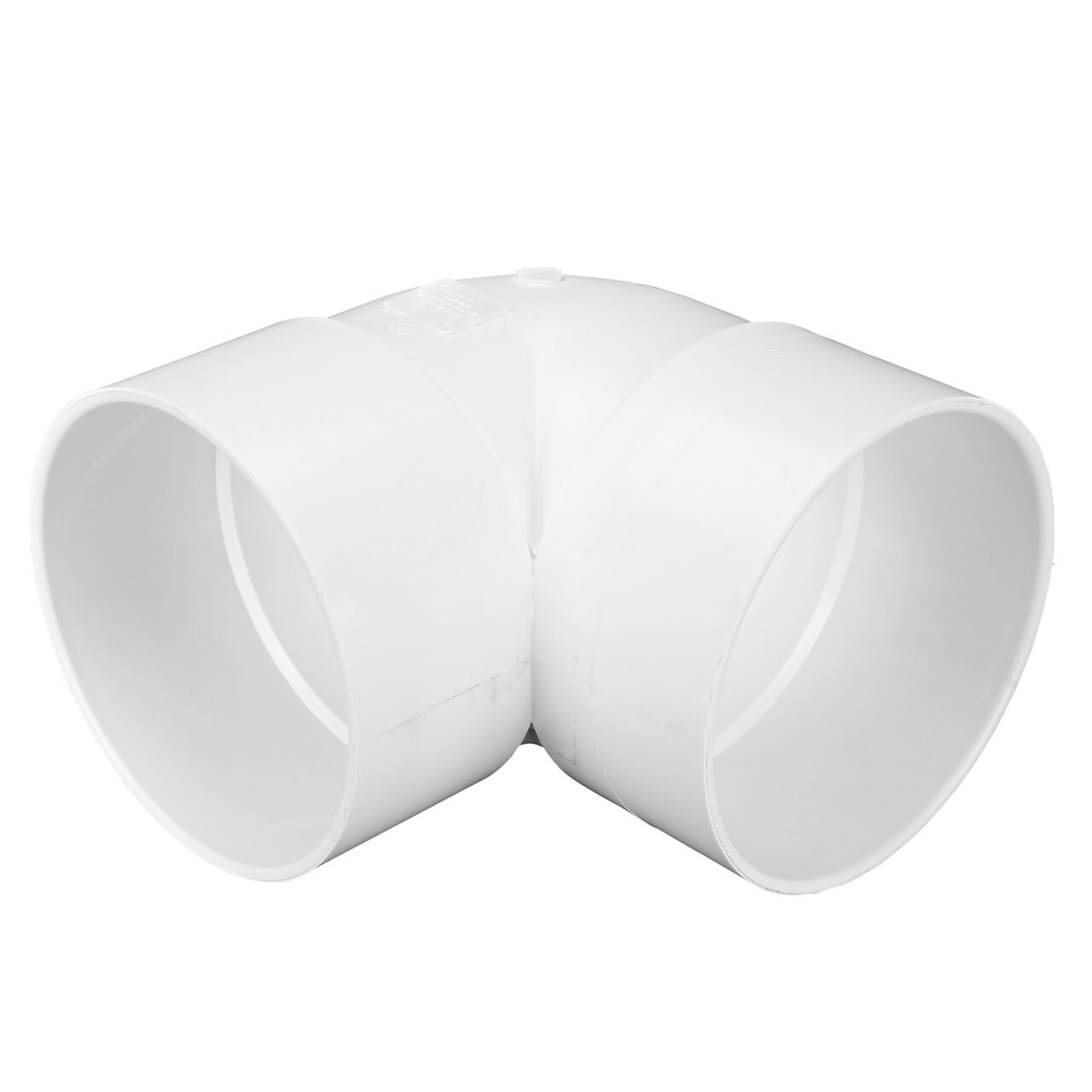 The NDS PVC 90° elbow, connects 8 in. Sewer and Drain pipes, Hub X Hub connection (NDS 8P02) shown here on it's side with both connection points facing forward