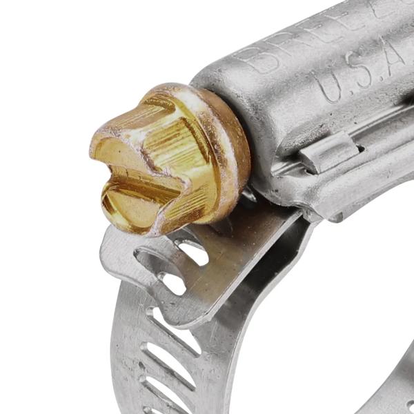 Closeup view of the NDS SAE 12 Worm Drive Hose Clamp with Aero Seal 5/16 in. band width (NDS 62012H) with a 5/16 in. 410 Stainless Steel hex screw; tighten to 30-45 in. lbs. torque to close