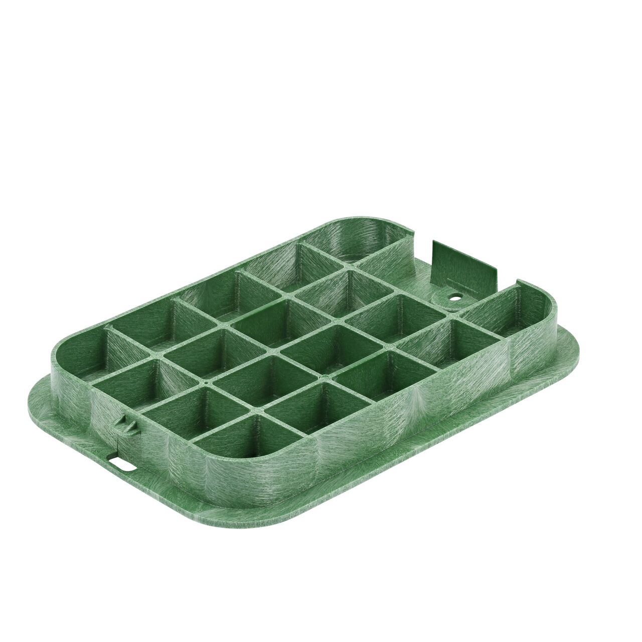 Bottom view of the reinforced ribs on the NDS 14 in. X 19 in. green irrigation control valve cover (NDS 313C) that fit the NDS 14 in. X 19 in. Rectangular Pro-Spec® Series Valve Box