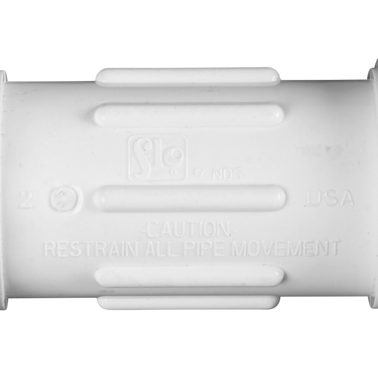 Closeup view of the NDS 3/4 in. CTS UC Compression Coupling showing that it is made in the USA as part of a complete flow management system for pool, spa, irrigation, and plumbing applications (NDS CCC-0750)