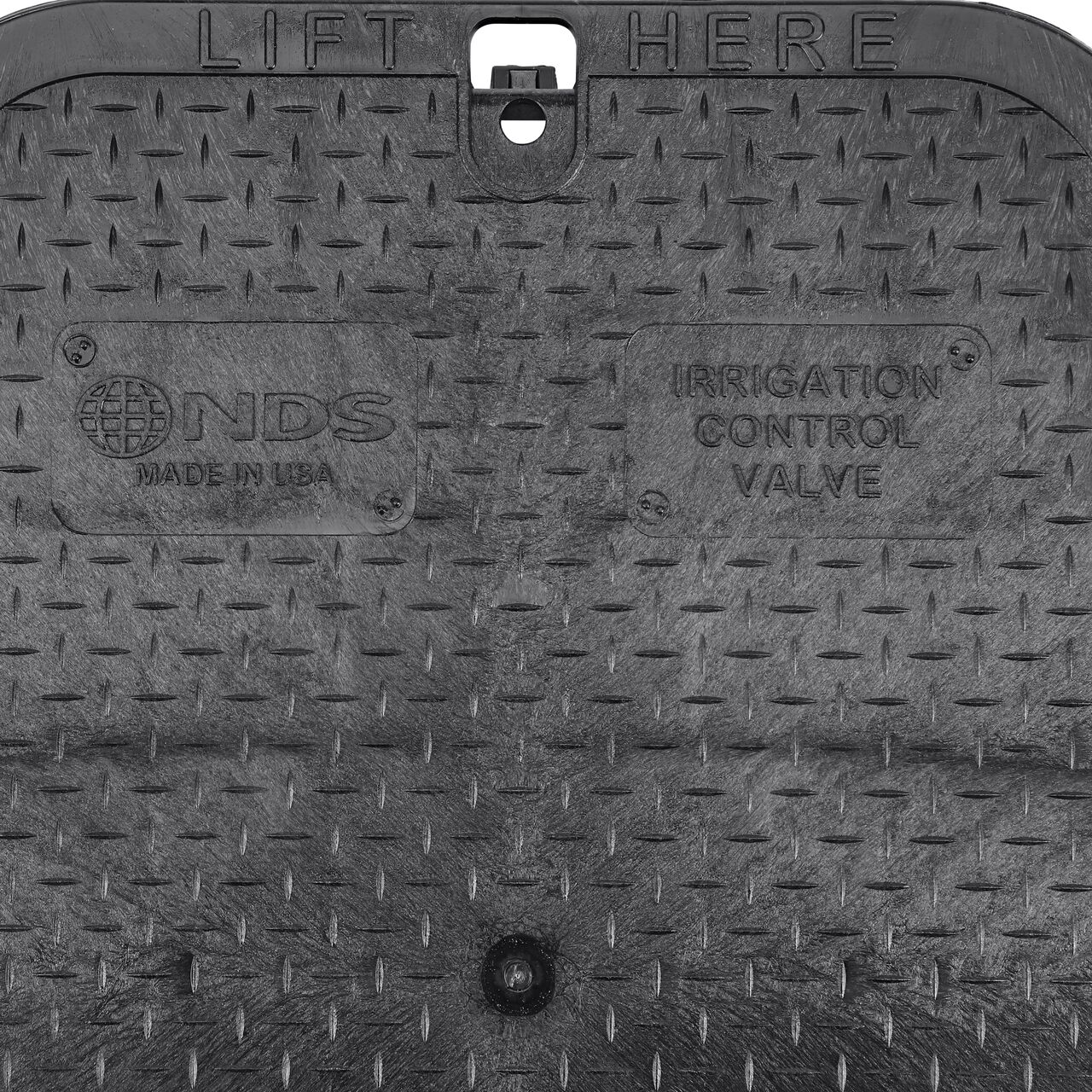 Closeup view of the Irrigation Control Valve markings on the Black Irrigation Control Valve cover (NDS 117CB) for the NDS 13 in. X 20 in. Rectangular Standard Series Valve Box
