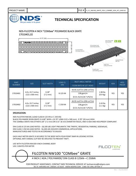 NDS BG-FILCOTEN® 100 Trench Drain Grate COMBee Design Plastic Tech Spec