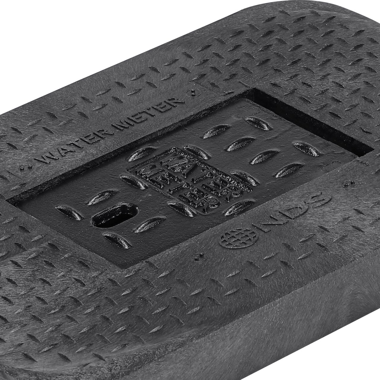 Closeup view of the cast iron reader door in the closed position on the water meter black drop-in 14 in. X 19 in. Rectangular Standard Series Meter Cover (NDS D1200-DICIRLID)