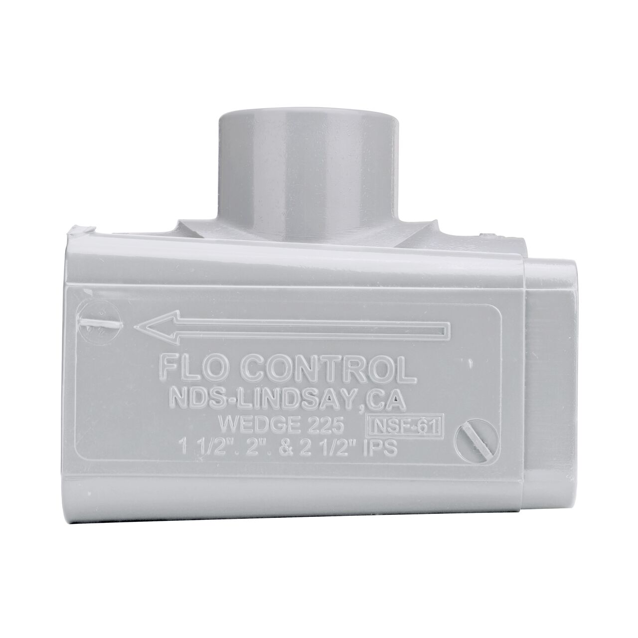 Side view showing patented wedge design in locked position on the NDS Clamp-It™ Rigid PVC Saddle with 1 in. slip connection on top (NDS 432010) for 2 in. PVC pipe
