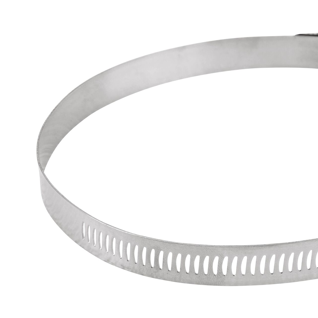 Closeup view of the arcial perforated slots in band for added strength and smoother engagement on the NDS SAE 80 Worm Drive Hose Clamp with Aero Seal 1/2 in. band width (NDS 64080H)