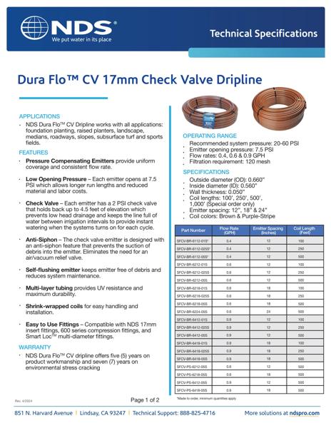 NDS Professional Irrigation Dura Flo™ CV 17mm Check Valve Dripline Tech Spec