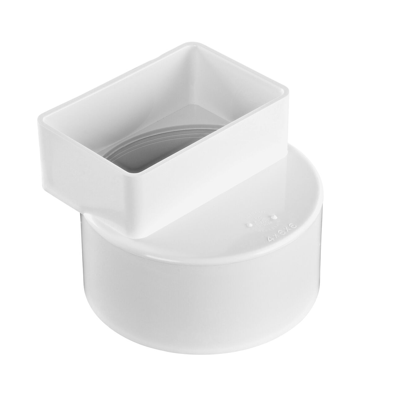 The PVC Offset Downspout Adapter, connects 4X6 in. Downspout to 6 in. S&D Hub (NDS 9P10)