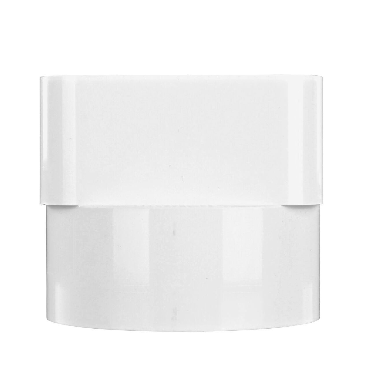 Side view of the NDS 3X4 in. Downspout X 4 in. S&D Hub Downspout Adapter (NDS 9P06, NDS 906G*) as it would be installed on a 4 in. S&D pipe (NDS 9P06, 906G*)