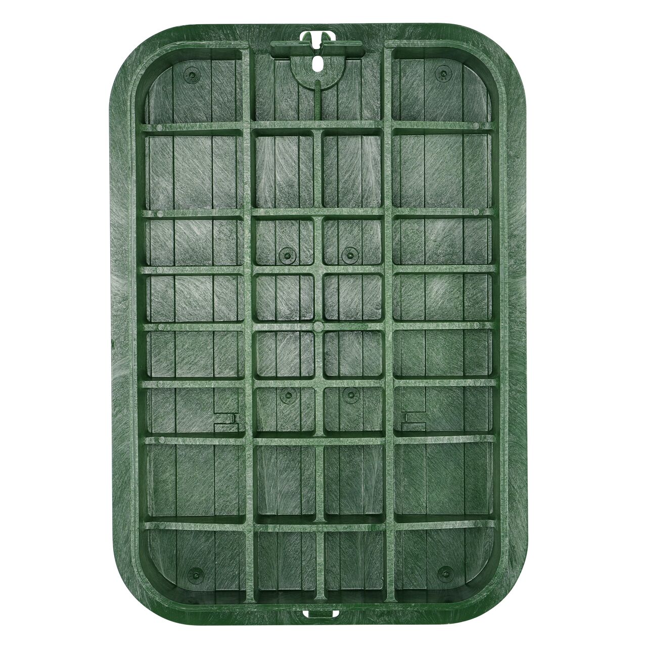 Top down view of the underside side of the Green Irrigation Control Valve cover (NDS 318BC) for the NDS 13 in. X 20 in. Rectangular Pro-Spec® Series jumbo valve box, showing reinforcing ribs that are load rated to withstand pedestrian traffic and the rigors of lawn care equipment