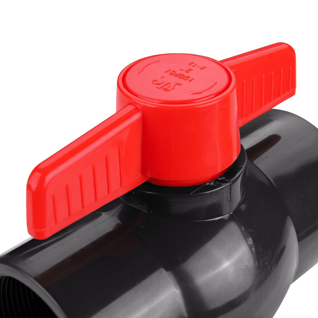 Closeup of the NDS IPS Ball Valve showing the handle that rotates two ways to control water flow (NDS E1620-20)