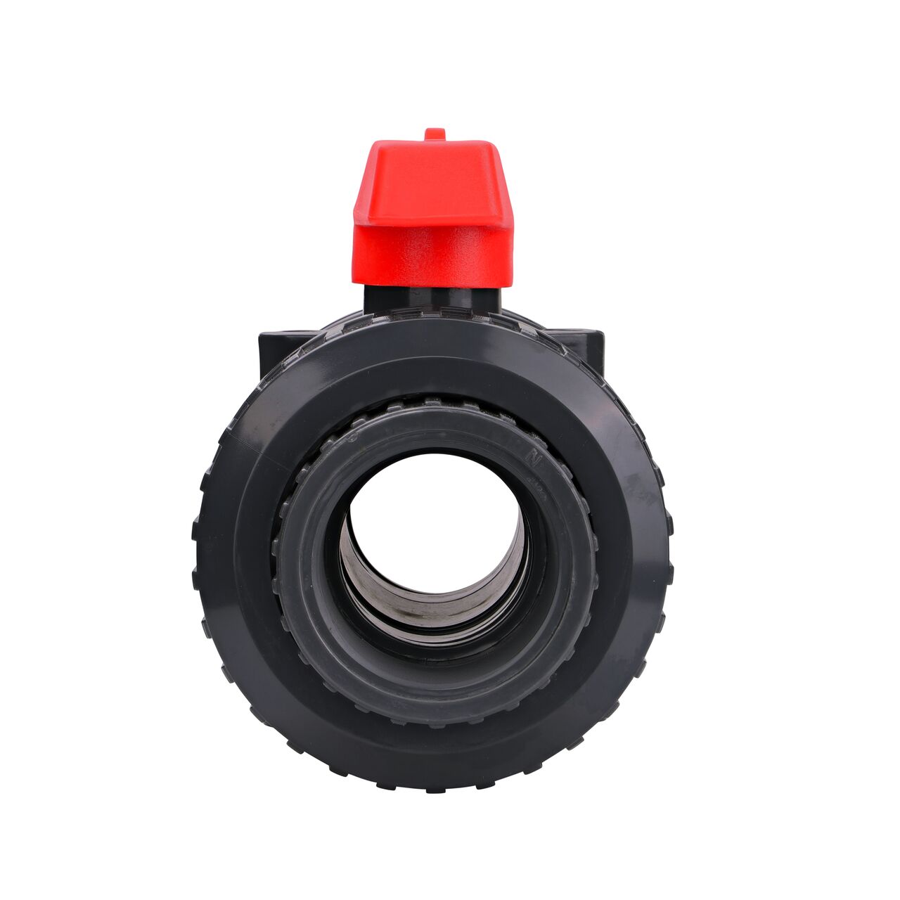 The 2 in. PVC Slip & Threaded True Union Ball Valve (NDS BTU-2000-E) shown with the connection end attached and with the handle in the open position to allow water to convey through the pipe.