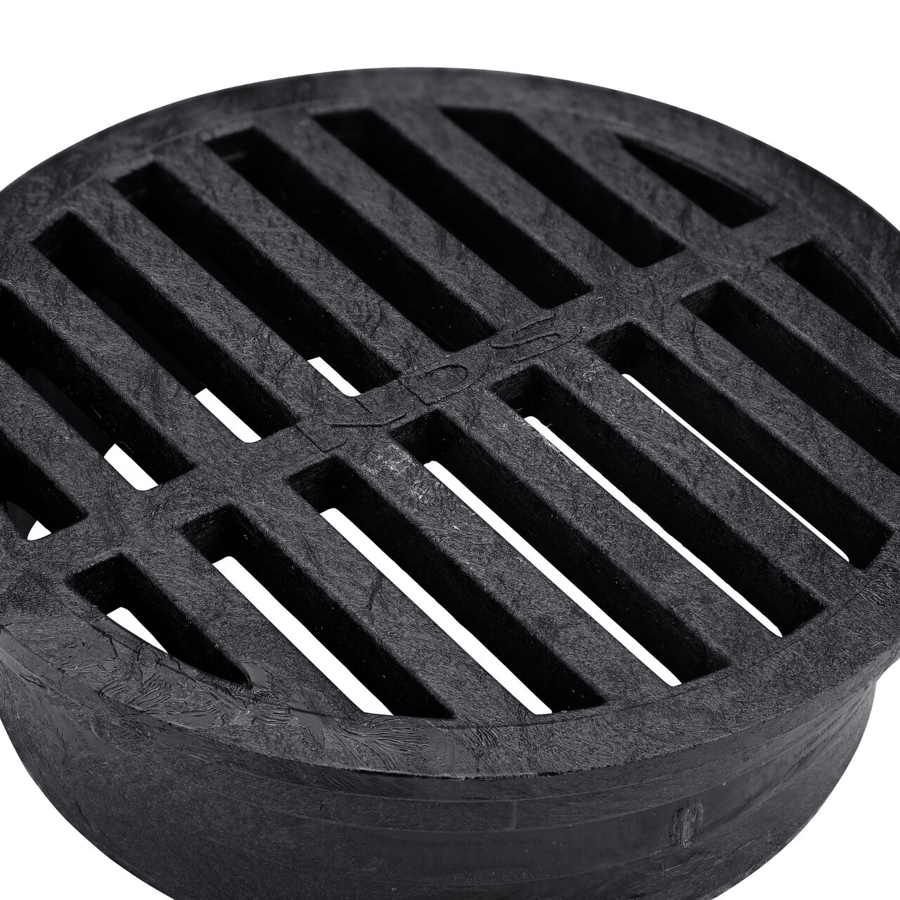 Closeup of the NDS 4 in. Round Grate, made of black plastic (NDS 11*, NDS 11)