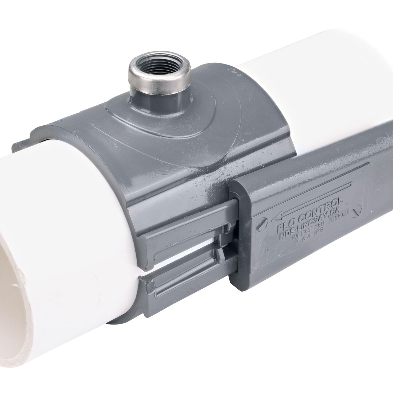The NDS Clamp-It™ Rigid PVC Saddle with 3/4 in. FPT connection on top (NDS 444007) installed onto 4 in. PVC pipe with the wedge closure half-way secure