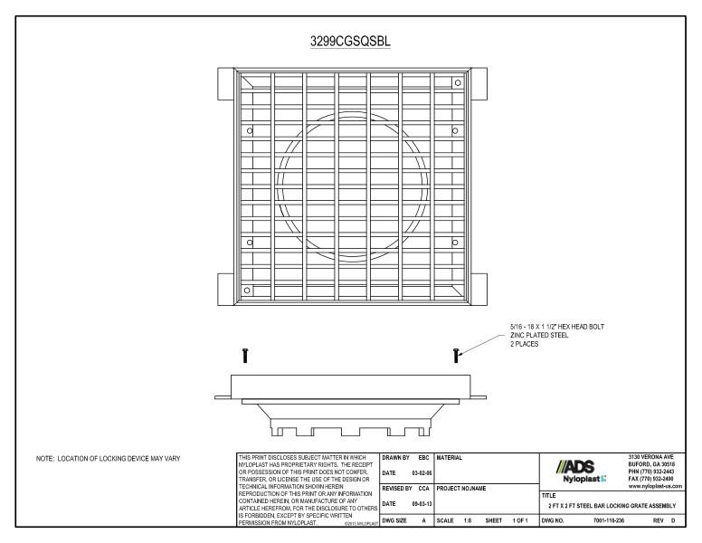 2' x 2' Steel Bar Locking Grate Assembly Nyloplast Detail