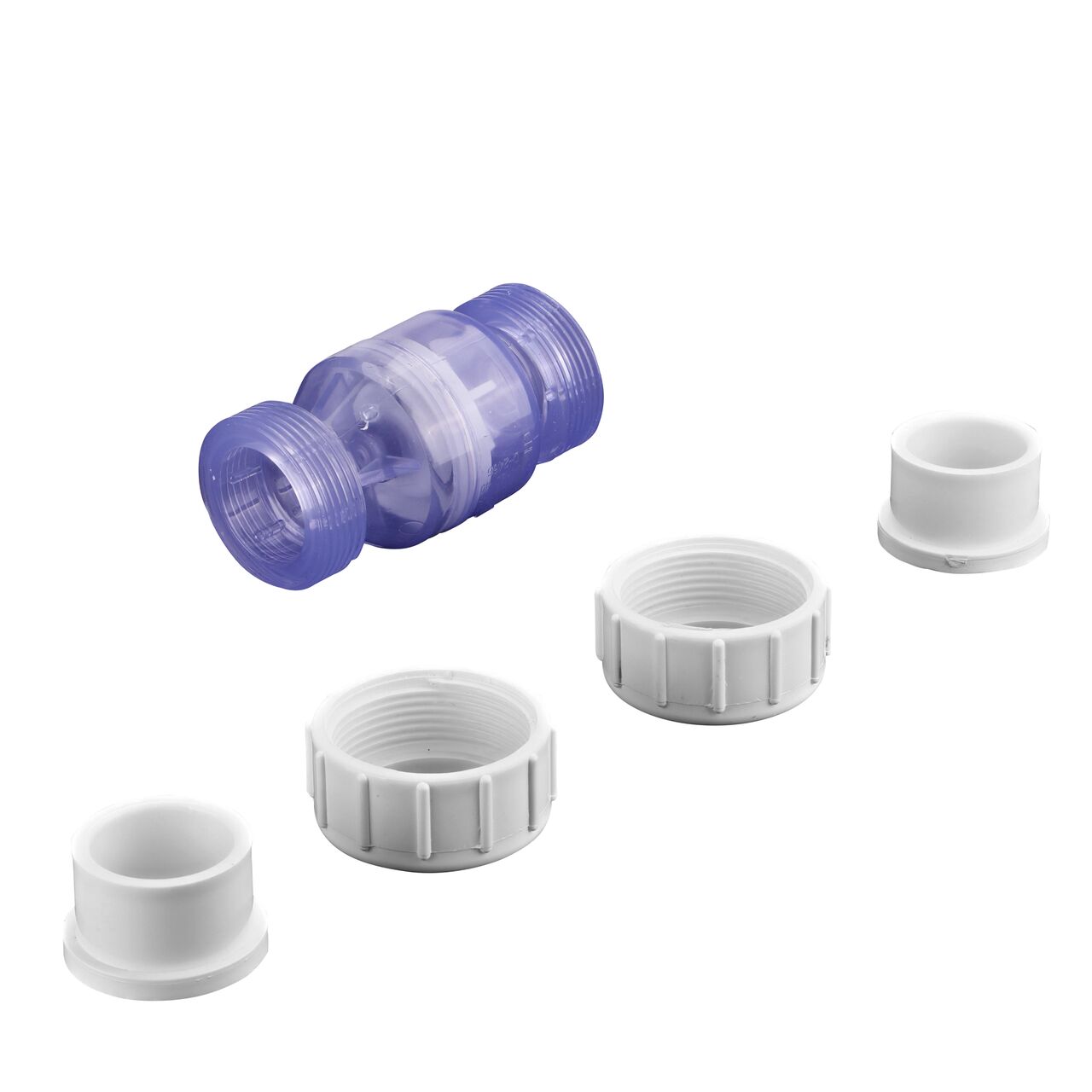 Unassembled view of the NDS Clear 1 in. slip end by slip end with 1/2 lb. spring PVC True Union Spring Check Valve (NDS 1700C10) where ends unscrew to remove for maintenance