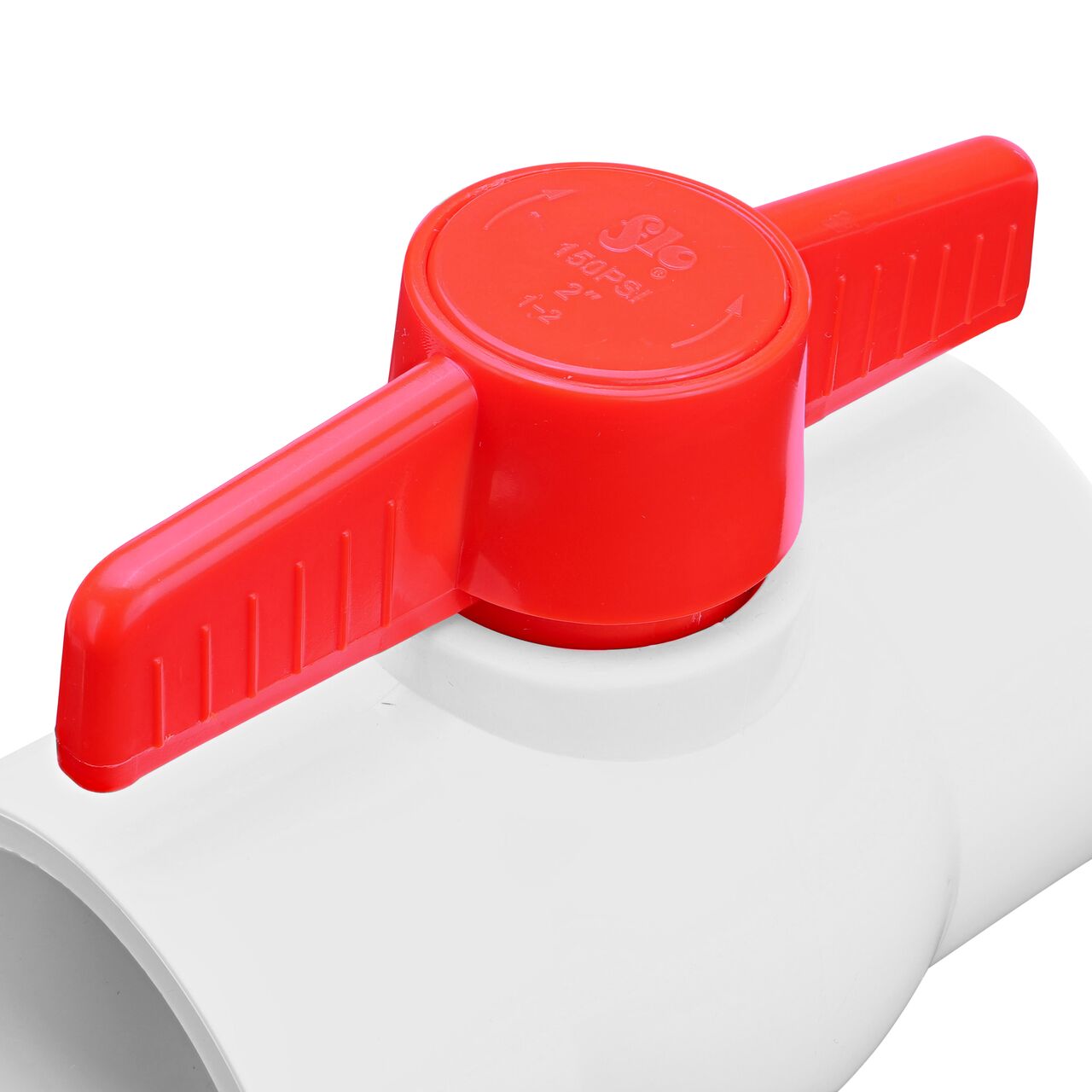 Closeup of the NDS CTS Ball Valve showing the handle that rotates two ways to control water flow (NDS E1310-20)