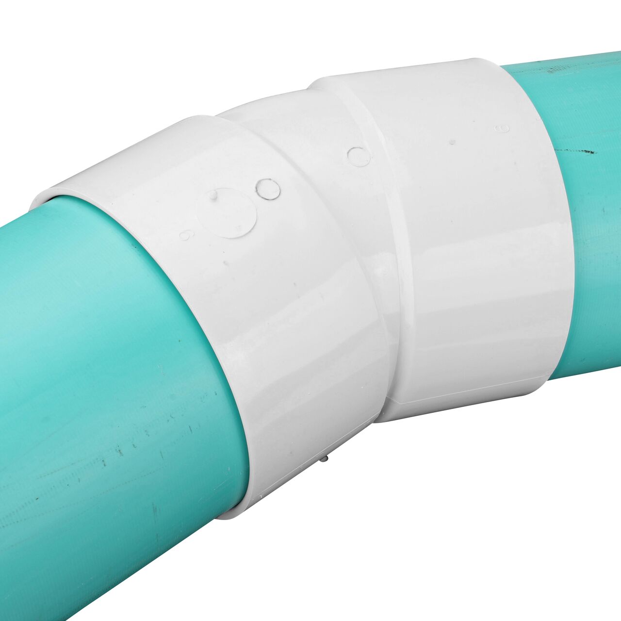 The NDS PVC 22.5° elbow with 6 in. Sewer and Drain pipes on either end (NDS 6P04, NDS L6P04)