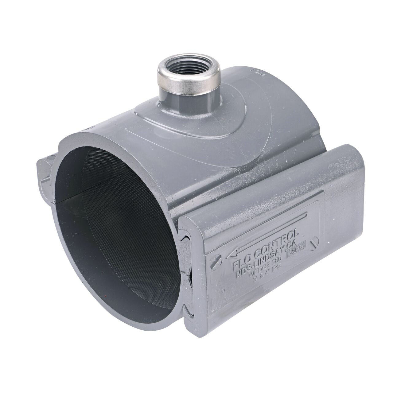 The NDS Clamp-It™ Rigid PVC Saddle with 3/4 in. FPT connection on top (NDS 444007) for 4 in. PVC pipe has a patented wedge design to install a sprinkler irrigation system to existing pipe without any bolts