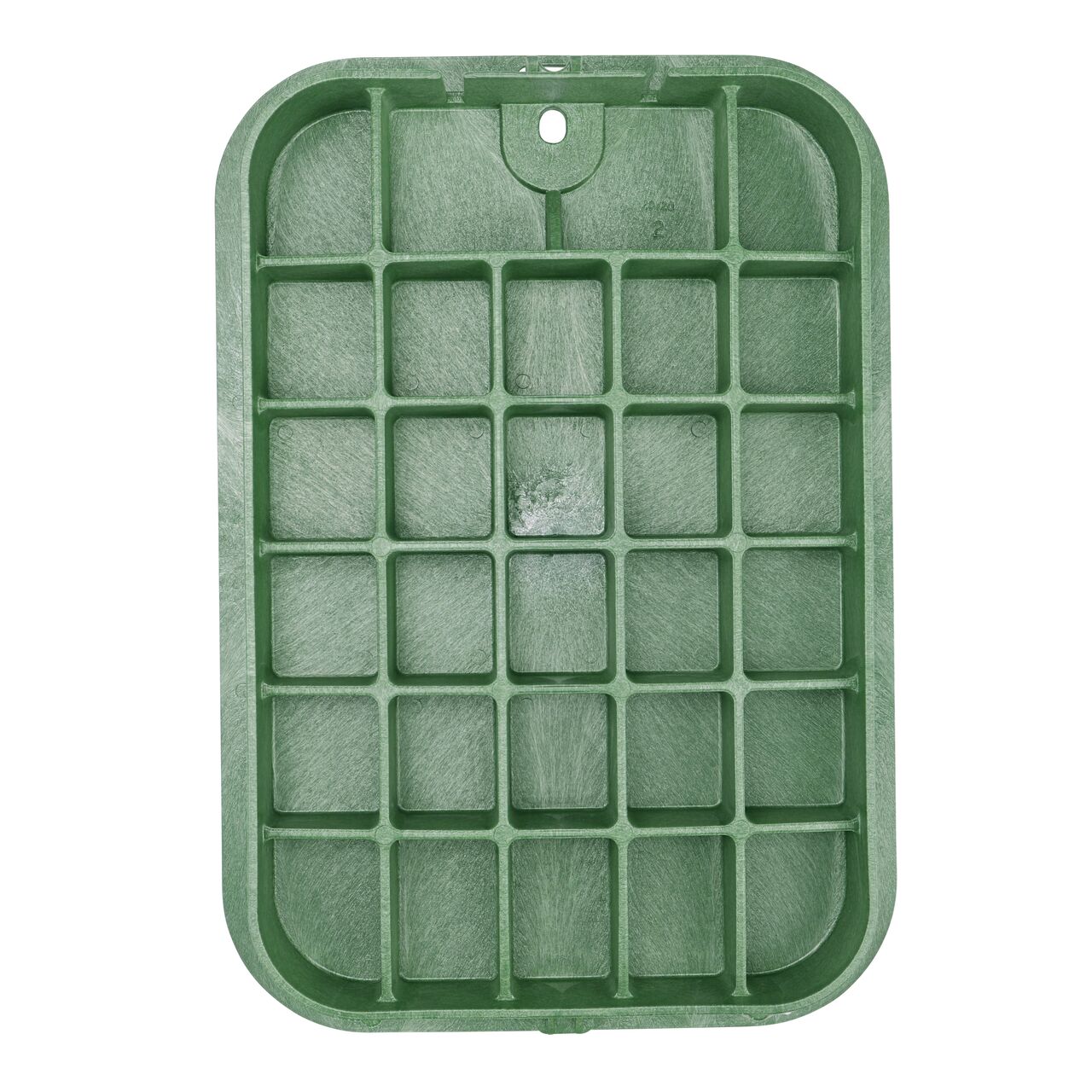 Top down view of the underside side of the Green Sewer cover (NDS 114BCS) for the NDS 14 in. X 19 in. Rectangular Standard Series valve box, showing reinforcing ribs that are load rated to withstand pedestrian traffic and the rigors of lawn care equipment