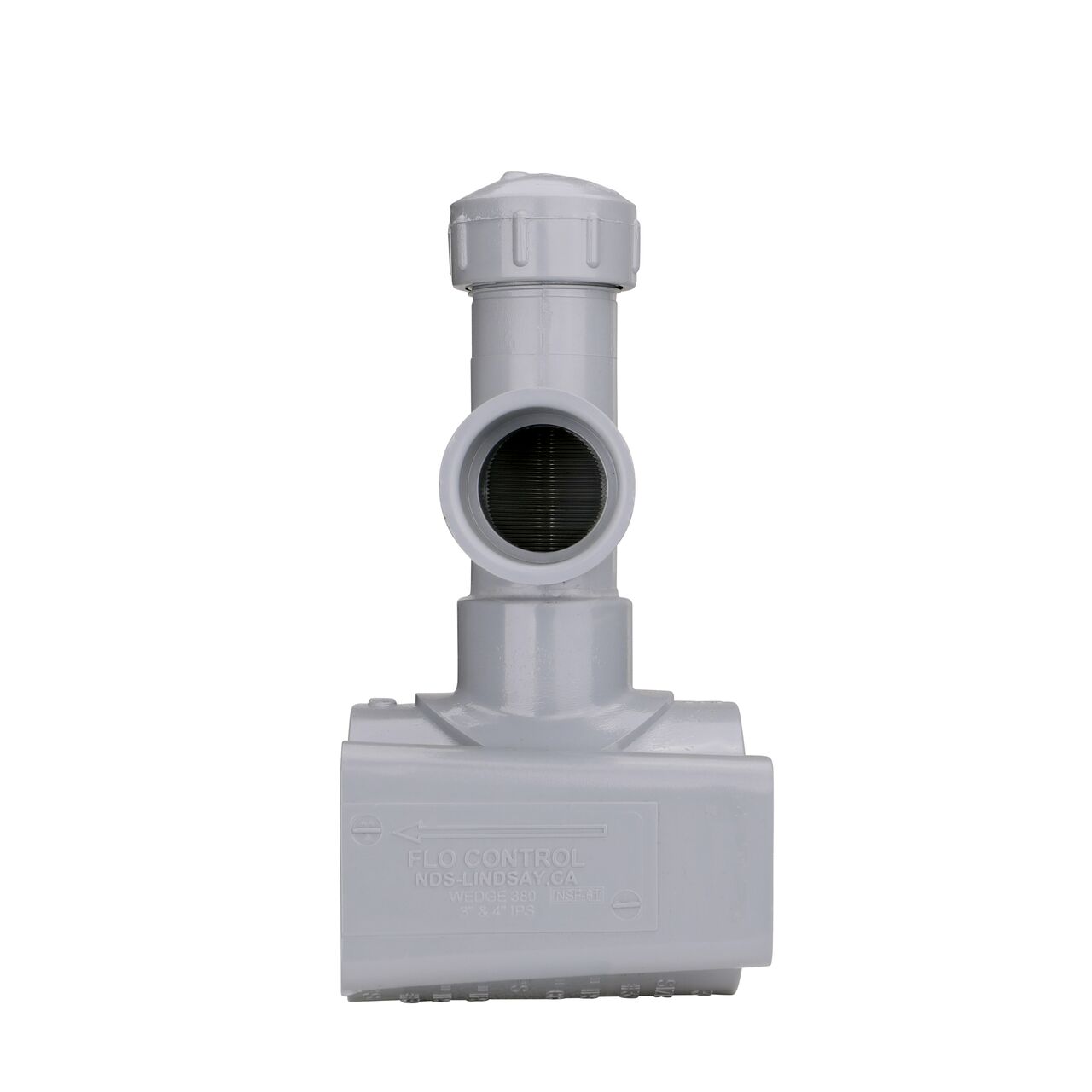 Side view showing patented wedge design and water flow on the 3 in. NDS Flo-Tap™ Rigid PVC Saddle with a 1-1/2 in. Socket or 2 in. spigot connection on top (NDS 3230)