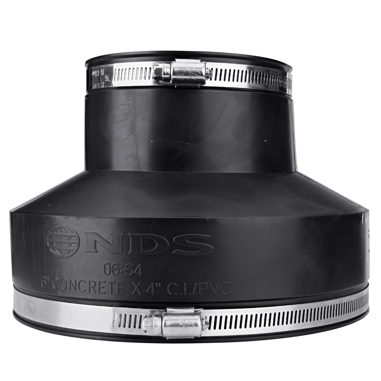 The flex coupling, in vertical position, connects 6 in. concrete pipe to 4 in. cast iron/plastic pipe and provides leak-resistant seals with virtually any pipe (NDS 06-64)