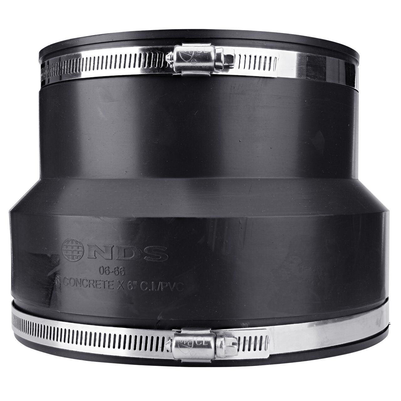 The NDS 6 in. flex coupling, in vertical position, connects concrete pipe to cast iron/plastic pipe and provides leak-resistant seals with virtually any pipe (NDS 06-66)