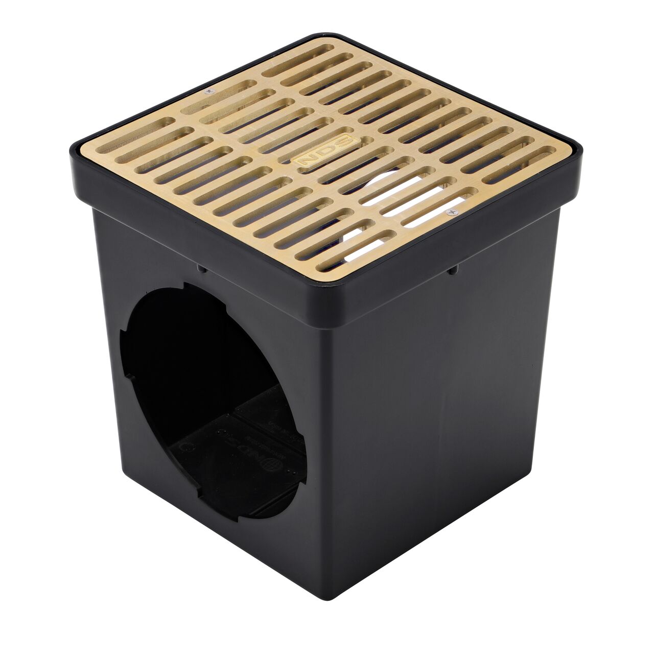 Brass Metal Grate 9 in. Square Catch Basin Drain Grate (NDS 930B) installed on a black plastic 9 in. Catch Basin Drain with 2 Openings (NDS 900*); retail