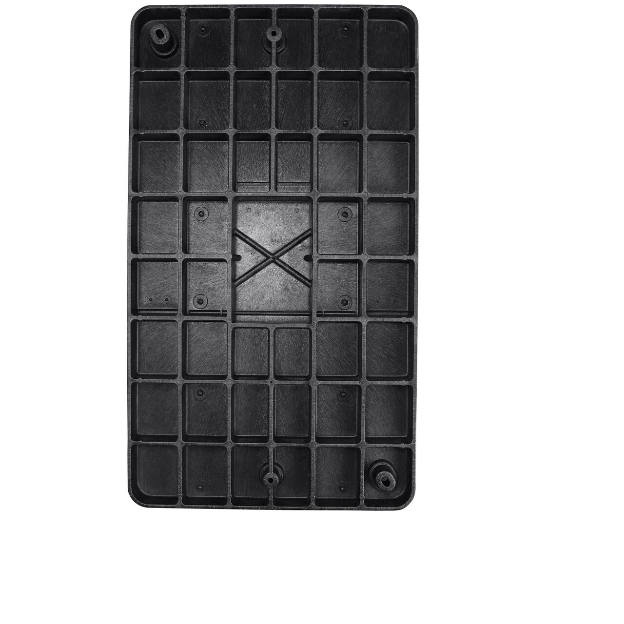 Top down view of the underside side of the drop-in Black Water cover (NDS 326BCDBW) for the NDS 17 in. X 30 in. Rectangular Pro-Spec® Series valve box, showing reinforcing ribs that are load rated to withstand pedestrian traffic and the rigors of lawn care equipment