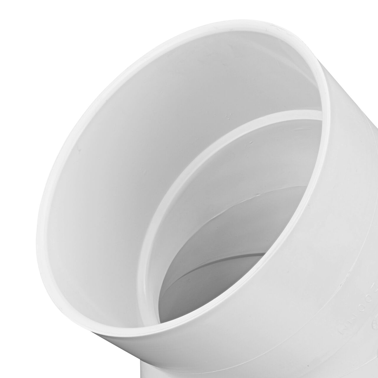 Closeup of the interior lip of the PVC 45° elbow, which connects 8 in. Sewer and Drain pipes, Hub X Hub connection (NDS 8P03)
