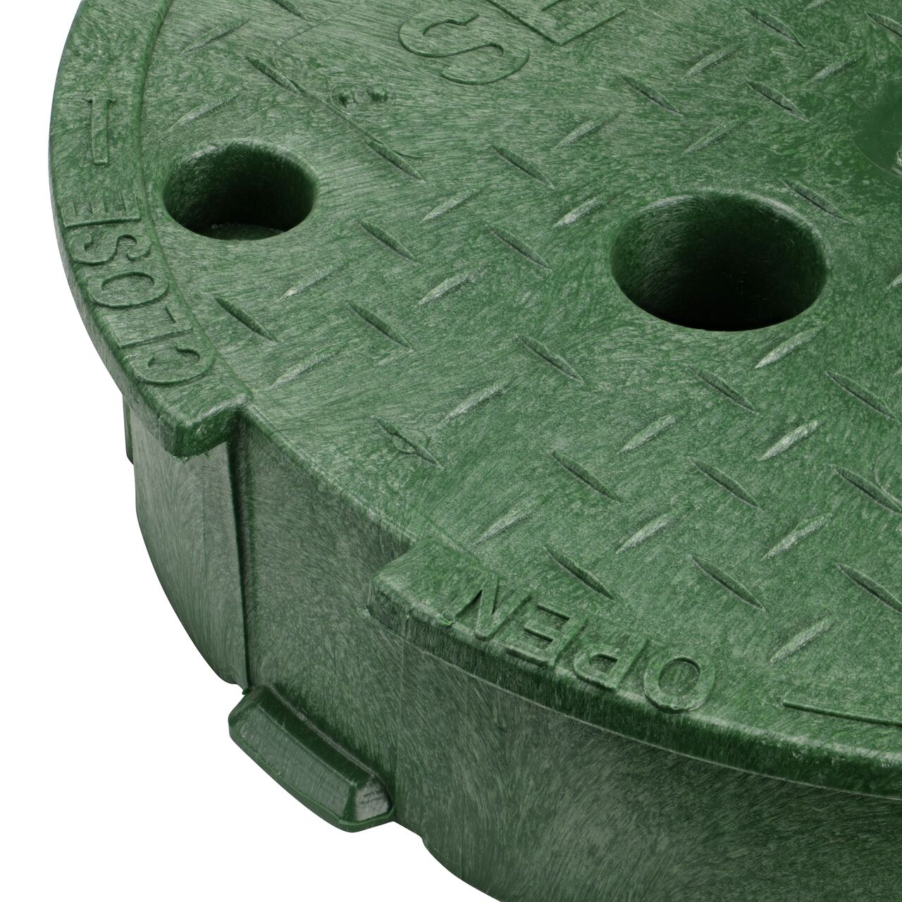 Closeup view of the locking mechanism and bolt hole on the green sewer water cover for the NDS 10 in. Round Pro-Spec® Series Valve Box (NDS 311CS)