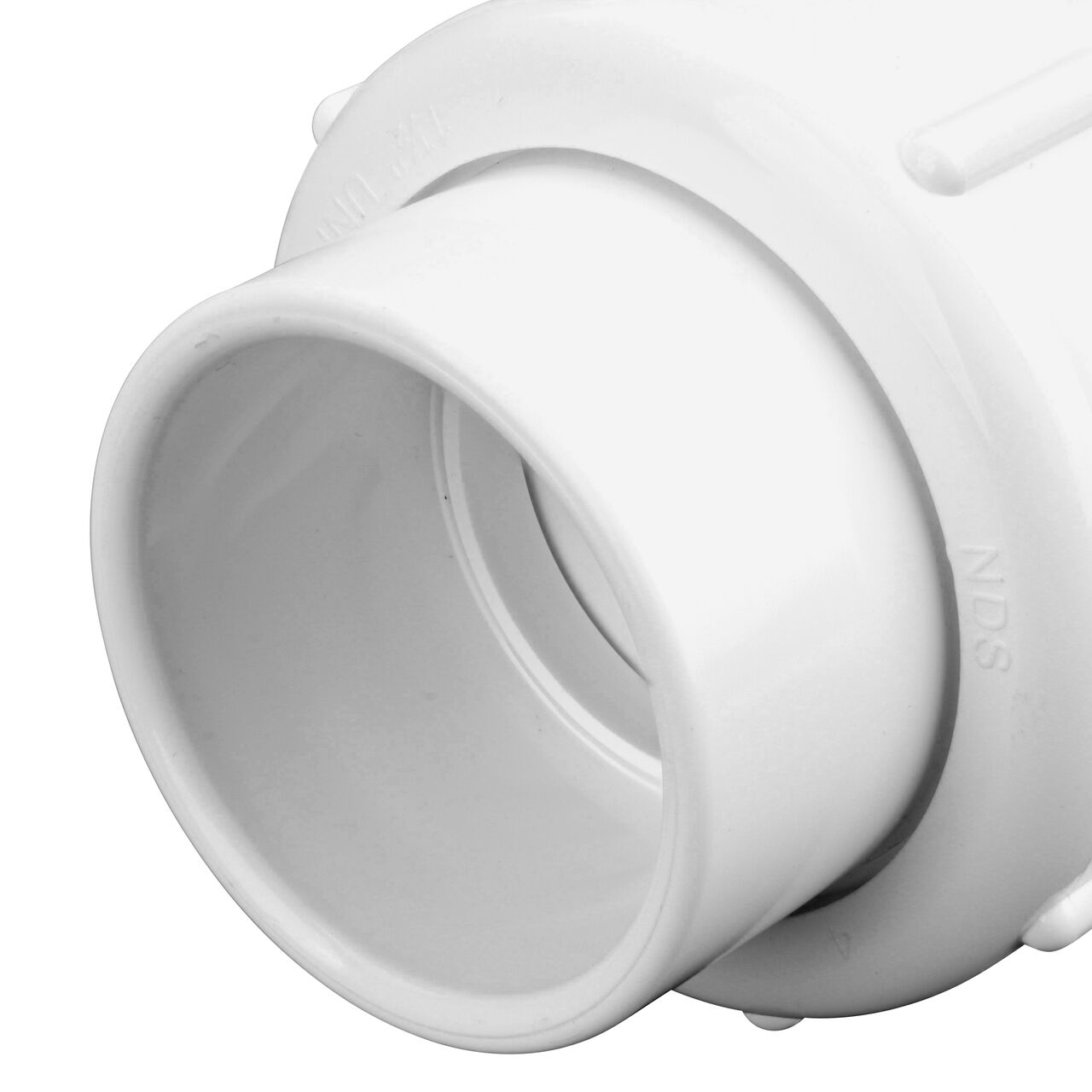 Closeup of the union inlet end of the NDS White 1-1/2 in. IPS U X S Checkmate PVC Swing Check and Ball Valve Combination (NDS 2200-15)