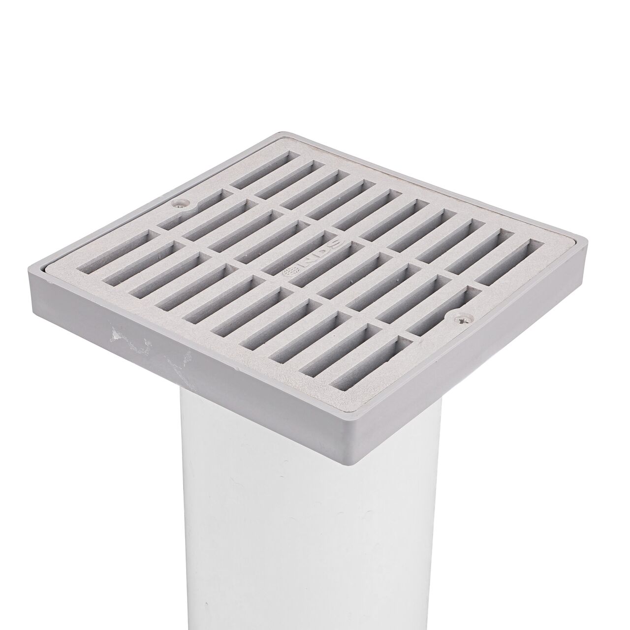 NDS Gray plastic 6 in. Square Grate Fits 3 & 4 in. Draing Pipes and Fittings installed on 4 in. S&D Pipe (NDS 642)