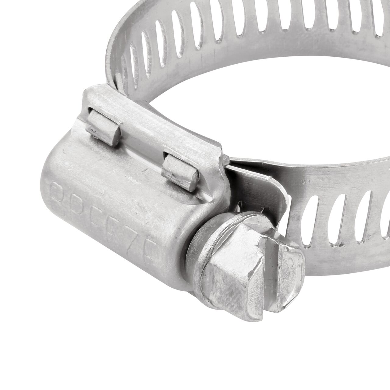 Closeup view of the NDS SAE 16 Worm Drive Hose Clamp with Aero Seal 1/2 in. band width (NDS 64016H) with a 5/16 in. 410 Stainless Steel hex screw; tighten to 30-45 in. lbs. torque to close